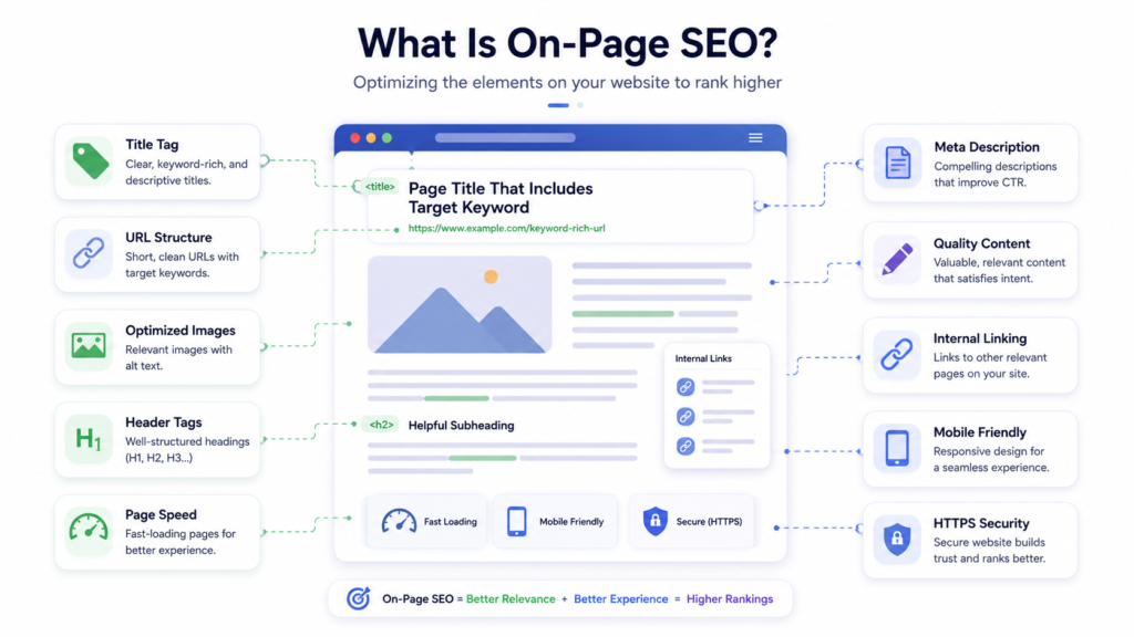 What is On-Page SEO infographic illustrating the key on-page SEO elements that improve search engine rankings, including title tags, URL structure, optimized images, header tags, page speed, meta descriptions, quality content, internal linking, mobile-friendly design, and HTTPS security.
