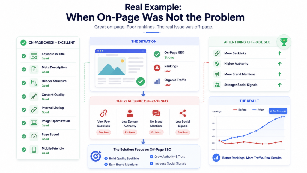 When On-Page Was Not the Problem infographic showing that strong on-page SEO alone couldn't improve rankings until off-page SEO efforts like backlinks, domain authority, brand mentions, and social signals increased, resulting in higher search rankings and organic traffic.